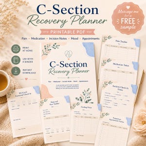 Pode incluir: Um planejador de recuperação de cesariana imprimível com páginas para dor, medicação, notas de incisão, humor e compromissos. O planejador inclui uma capa e várias páginas com detalhes florais e uma paleta de cores suaves. O texto diz "Download Instantâneo".