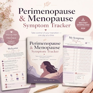 Könnte beinhalten: Ein digitaler, druckbarer Symptom-Tracker für Perimenopause und Menopause. Das Cover zeigt den Text "Perimenopause & Menopause Symptom Tracker" und eine Frauensilhouette. Enthält eine Seite "My Symptom Baseline" und einen goldenen Stift.