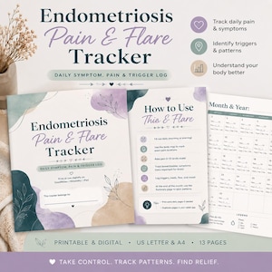 Può includere: Un tracker digitale e stampabile per l'endometriosi, Pain & Flare. Il tracker include un registro giornaliero dei sintomi, del dolore e dei trigger, una guida e un calendario mensile. Il design presenta una morbida tavolozza di colori con accenti floreali.