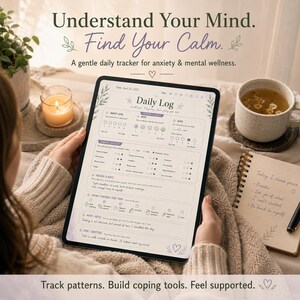 Puede incluir: Una tableta digital que muestra una plantilla de registro diario para el seguimiento de la ansiedad y el bienestar mental. La pantalla presenta secciones para nivel de ansiedad, estado de ánimo, sueño, síntomas, desencadenantes y notas, con el texto Understand Your Mind. Find Your Calm.