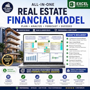May include: An Excel template for a real estate financial model displayed on a laptop screen. The graphic features text including ALL-IN-ONE REAL ESTATE FINANCIAL MODEL, PLAN, ANALYZE, FORECAST, SUCCEED, and a list of included financial features.