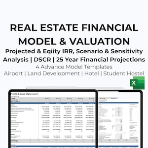May include: A digital real estate financial model and valuation template featuring text: REAL ESTATE FINANCIAL MODEL & VALUATION, Projected & Equity IRR, Scenario & Sensitivity Analysis, DSCR, 25 Year Financial Projections, 4 Advance Model Templates.