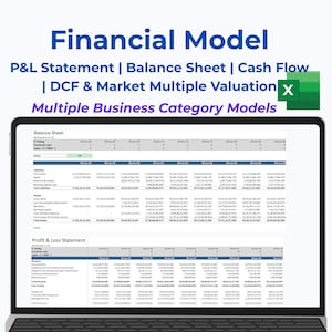 May include: A laptop screen showing a financial model, with the title "Financial Model". The model includes P&L, Balance Sheet, Cash Flow, and DCF valuation. The screen displays data tables with financial metrics.