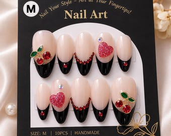 Uñas postizas Obsidian Cherry, decoradas a mano, diseño 3D de cerezas, detalles de diamantes de imitación.