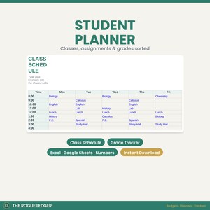 Student Planner Spreadsheet, Assignment & Grade Tracker, College Class Schedule, Homework Organizer, Excel Google Sheets, Digital Download