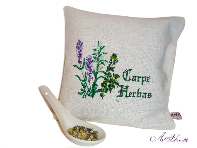 Embroidered Herb Pillow Carpe Herbas image 1