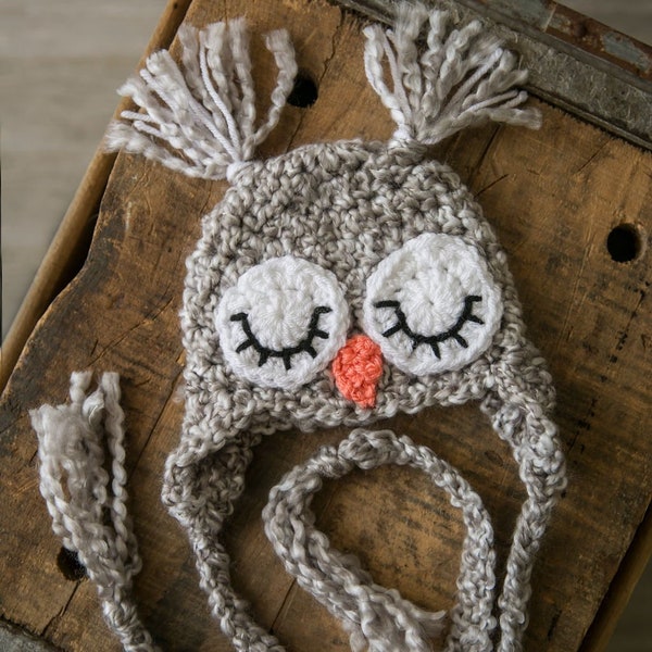 Hat Owl hat baby sleeping owl newborn hat grey owl hat gray owl sleepy eye owl