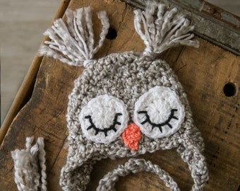 Hat Owl hat baby sleeping owl newborn hat grey owl hat gray owl sleepy eye owl