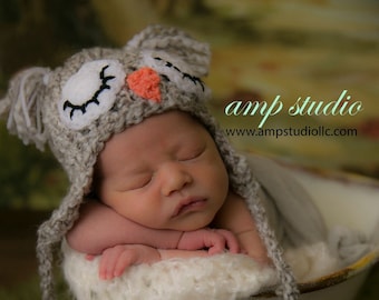 Hat Owl hat baby sleeping owl newborn hat grey owl hat gray owl sleepy eye owl