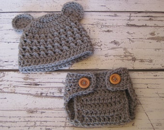 Baby Bear Hat and Diaper Cover Outfit, Newborn Bear Hat ,Bear crochet Hat in Pink,Light Blue ,Ivory ,Grey , Brown or Mauve