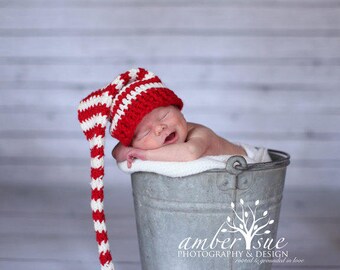 Crochet Baby Hat Elf Pixie Christmas  newborn hat baby christmas hats Photo prop Red White  Striped newborn christmas hat ,baby boy ,girl