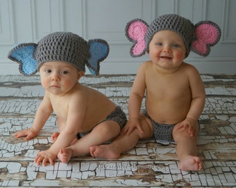 Crochet Elephant Baby Hat and Diaper Cover Set Outfit Grey with pink or blue ears baby boy baby girl twins