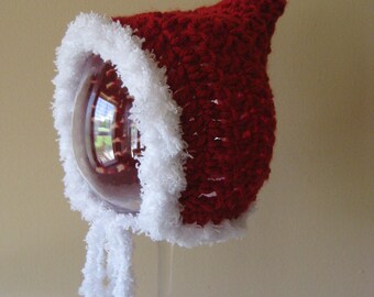 Crochet hat baby Christmas elf pixie santa  bonnet photo prop red bonnet with white fur trim
