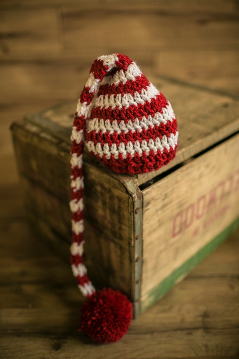 Crochet Baby Hat Christmas Pixie Photo prop Red White Striped Santa hat newborn infant Candy cane free shipping image 4