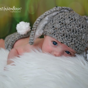 Crochet Baby Hat Easter grey baby Bunny Rabbit Ears  Photo Prop Diaper Cover Gray floppy ear bunny outfit