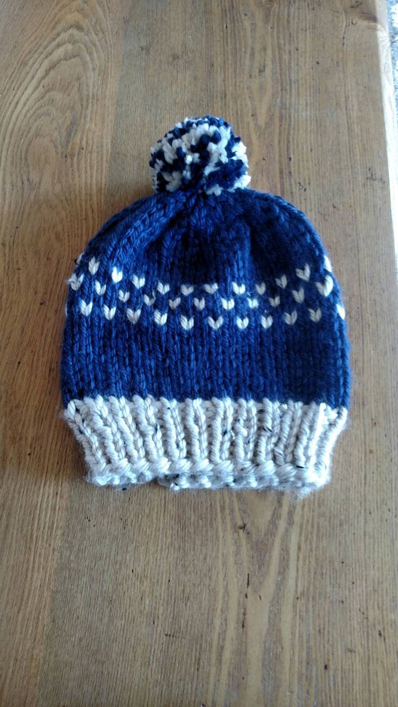 Adult Knit Hat Navy Blue and Ivory Knit Hat With Pom Pom Etsy