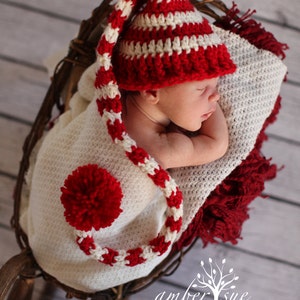 Crochet Baby Hat Christmas Pixie Photo prop Red White Striped Santa hat newborn infant Candy cane free shipping image 3