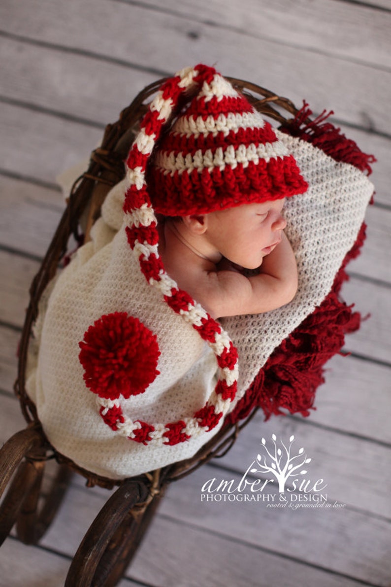 Crochet Baby Hat Christmas Pixie Photo prop Red White Striped Santa hat newborn infant Candy cane free shipping image 3