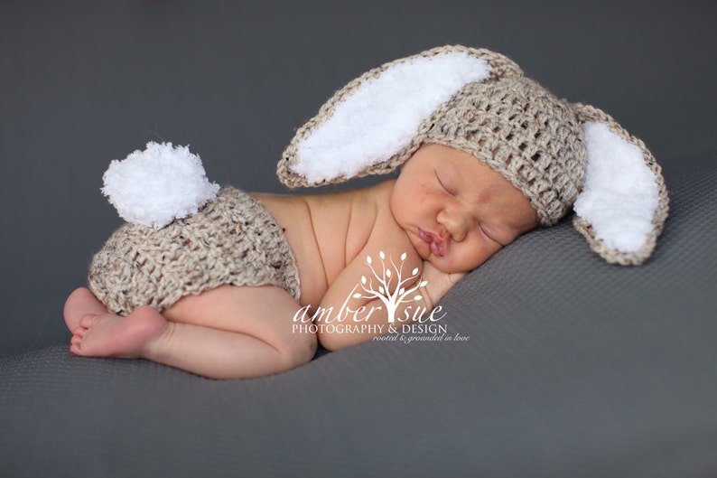 Crochet Baby Hat Easter Bunny Rabbit Ears Photo Prop Diaper Cover Floppy Ear Outfit 