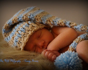 Crochet Baby Hat blue striped beige baby boy newborn hat long tailed with pom pom