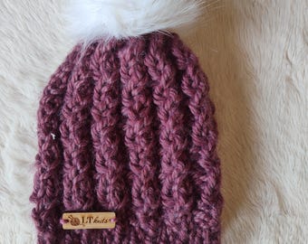 Knit child baby winter hat plum with white faux fur pom pom