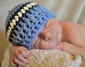 Crochet Baby Hat Beanie  Photo prop   baby boy baby  Blue striped newborn  Cotton