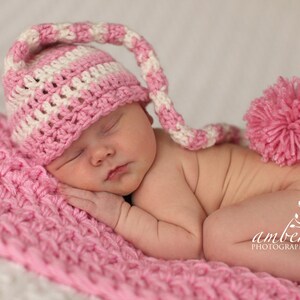 Crochet Baby Hat Pink and Ivory Striped Elf Pixie image 2