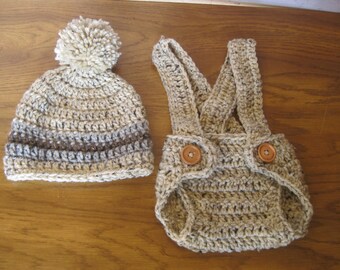 Baby  hat and diaper cover with suspenders out fit in brown grey or beige tweed newborn baby toddler infant photo prop