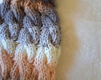 Adult knit winter hat , Peach , Gray , Ivory and Brown cable hat ,gray pom pom