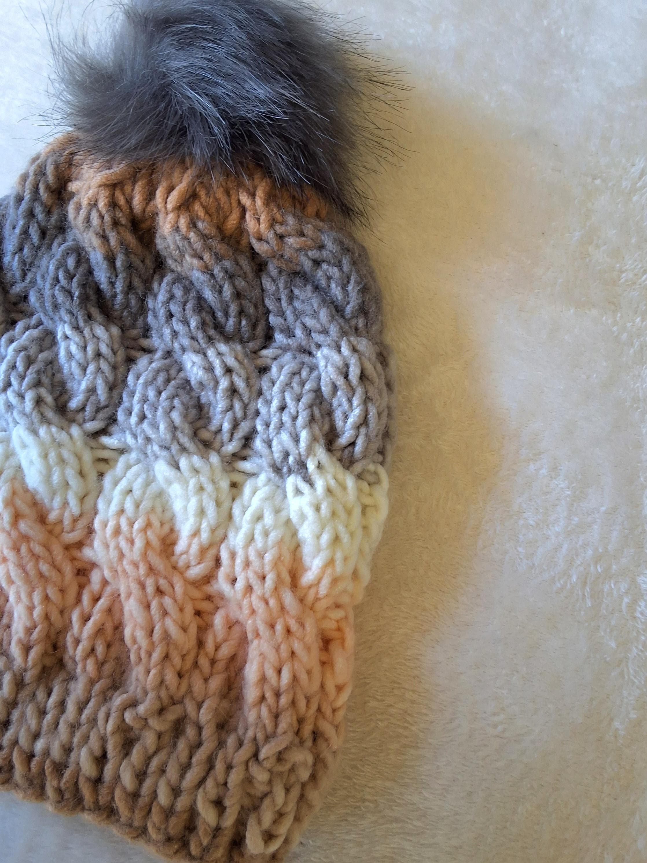Peach Knit Beanie Skull Hat w Soft Grey Pom Pom Knit Beanie Hat for Women and Men, Faux Fuzzy Pom Pom Winter  main image 2
