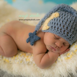 Crochet Baby Hat moon and stars dreaming sleeper boy or girl Photo Prop Infant Newborn Child