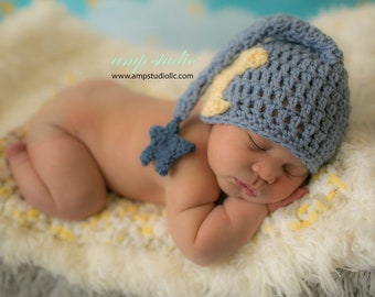 Crochet Baby Hat moon and stars dreaming sleeper boy or girl Photo Prop Infant Newborn Child