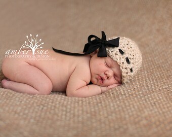 Crochet Baby Hat Girl Ribbon Handmade Photo Prop Bow Newborn Infant toddler Child Neutral Beige