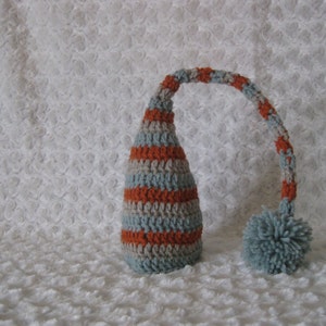 Crochet Baby Hat Wool Striped Elf Pixie Photo Prop Grey Aqua and Cantloupe striped image 2