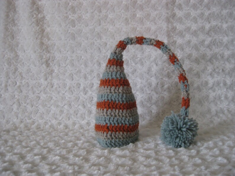 Crochet Baby Hat Wool Striped Elf Pixie Photo Prop Grey Aqua and Cantloupe striped image 2