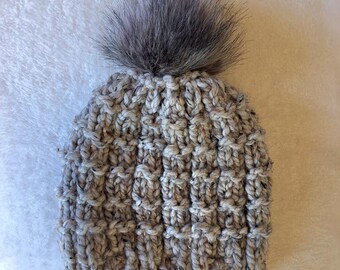 Grey knit winter Hat with grey faux fur pom pom , adult ,chunky yarn , wool blend