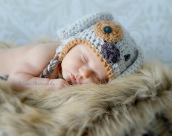 Crochet Baby Hat Puppy Dog Animal Photo prop Boy Girl diaper cover grey puppy