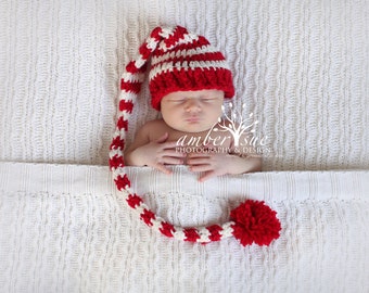 Crochet Baby Hat Christmas  Pixie  Photo prop Red White  Striped Santa hat newborn infant Candy cane free shipping