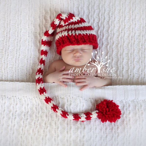 Crochet Baby Hat Christmas  Pixie  Photo prop Red White  Striped Santa hat newborn infant Candy cane free shipping