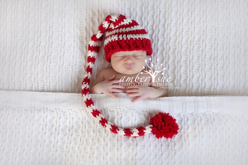 Crochet Baby Hat Christmas Pixie Photo prop Red White Striped Santa hat newborn infant Candy cane free shipping image 1