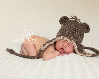 Crochet Baby Hat brown tweed earflaps ears braided ties photo prop Monkey Bear Animal