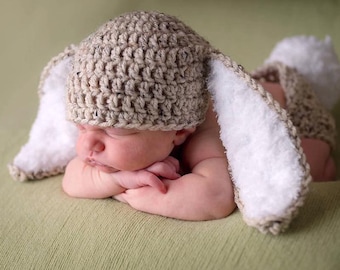 Bunny outfit ,hat and diaper cover with fluffy tail , Rabbit Ears  Photo Prop baby bunny oufit Easter   Hat only or set newborn bunny set