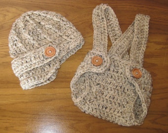 Baby newsboy hat and diaper cover with suspenders out fit in brown grey or beige tweed newborn baby toddler infant photo prop