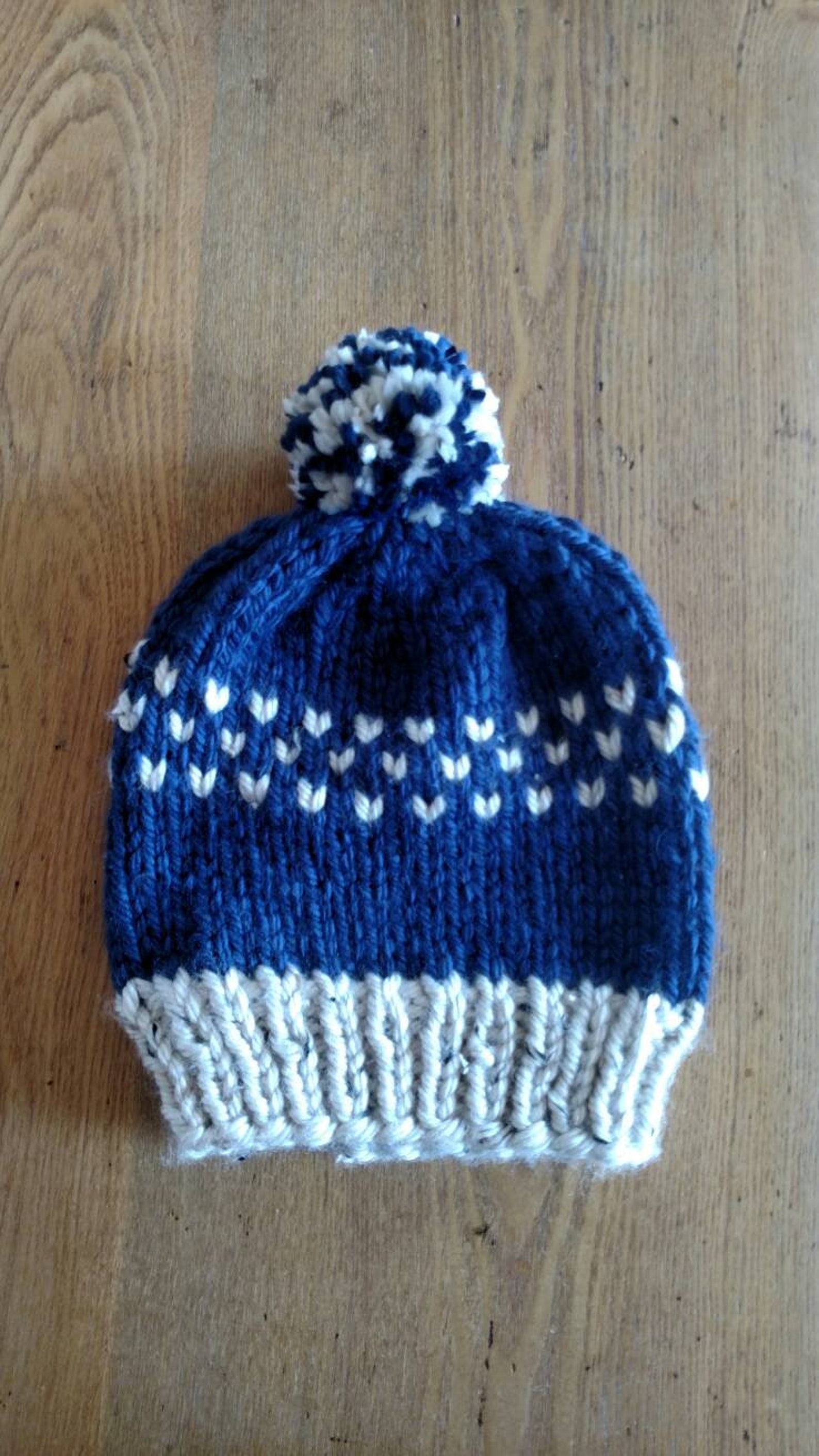 Adult Knit Hat Navy Blue and Ivory Knit Hat With Pom Pom Etsy