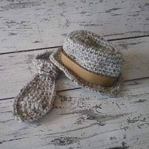 Crochet baby fedora hat grey tweed hat with brim matching necktie baby photo prop