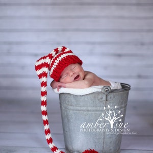 Crochet Baby Hat Christmas Pixie Photo prop Red White Striped Santa hat newborn infant Candy cane free shipping image 2