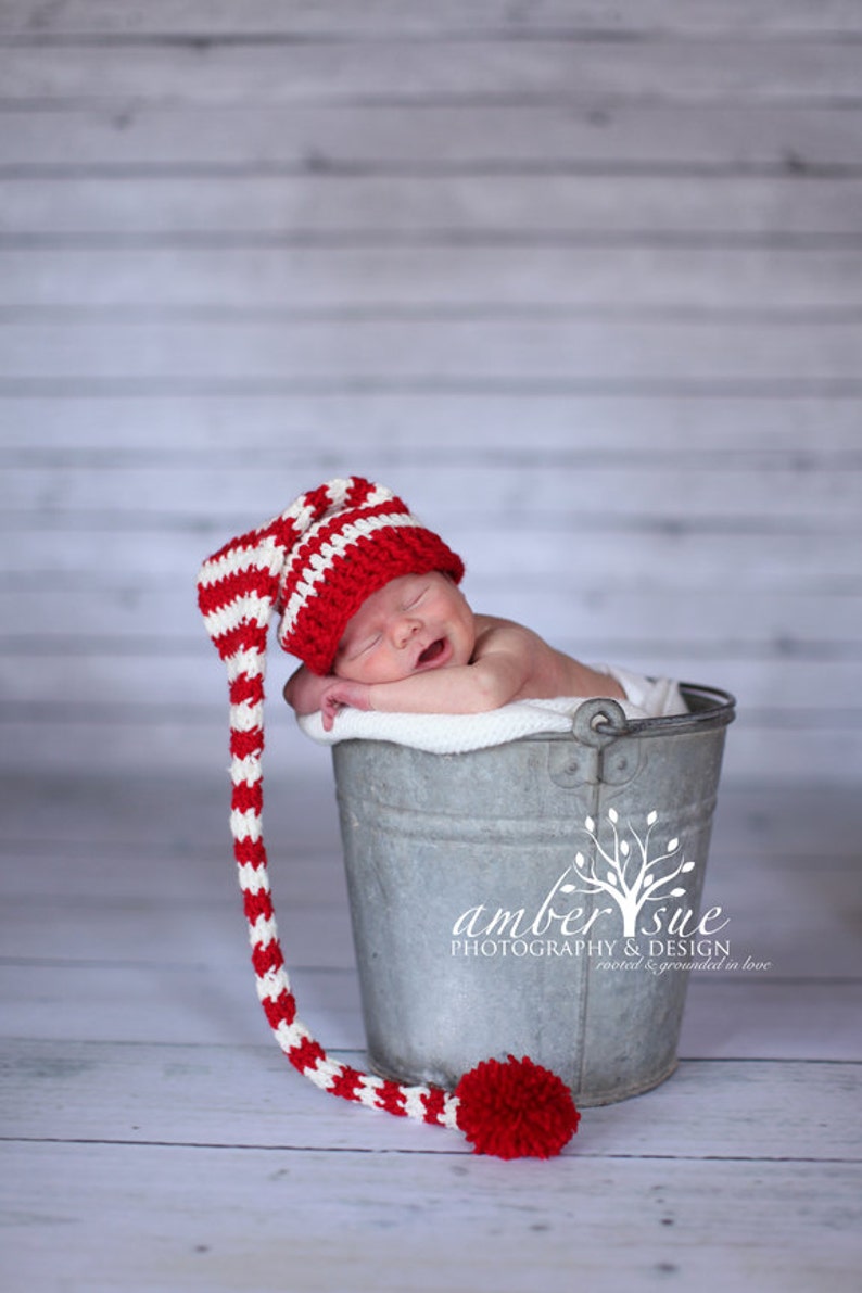 Crochet Baby Hat Christmas Pixie Photo prop Red White Striped Santa hat newborn infant Candy cane free shipping image 2