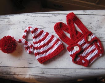 Crochet Baby Hat Elf Pixie Christmas and leg warmers Photo prop Red White  Striped Photo prop