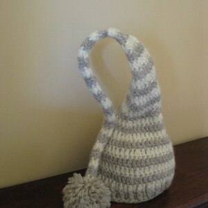Crochet Baby Hat  Wool Grey and Ivory Striped Elf Pom Pom Photo Prop Newborn