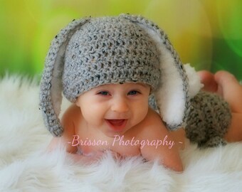 Crochet Baby Hat Easter Bunny Rabbit Ears  Photo Prop Diaper Cover